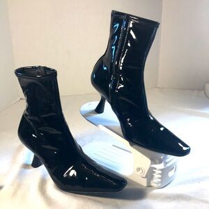 Loeffler Randall Thandy Women’s Curved Heel Black Patent Leather Ankle Boots